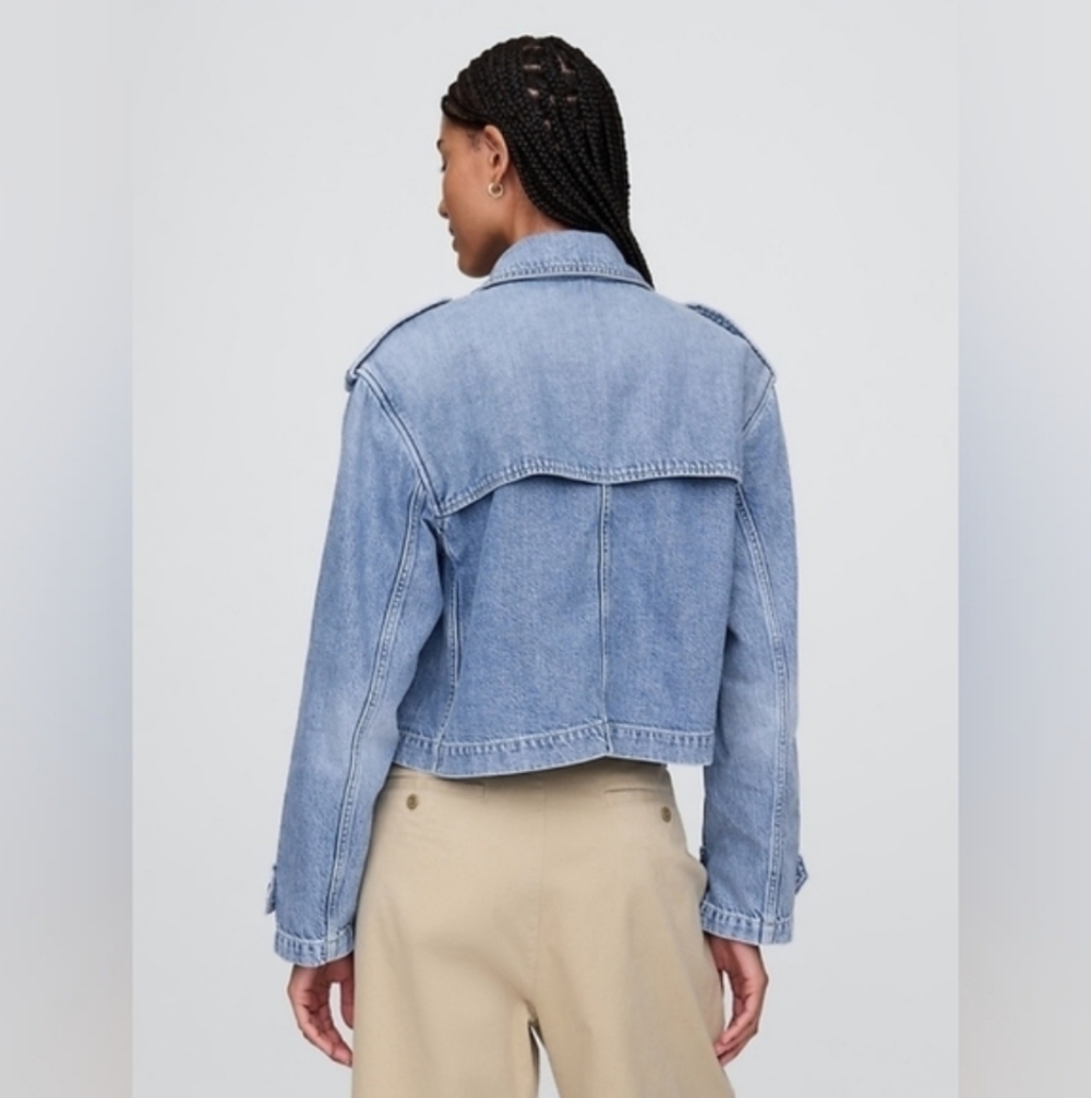 UltraSoft Denim Crop Trench Jacket Light Wash XSP - Picture 4 of 6